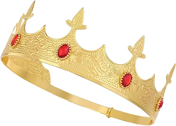 Vintage Gold Crown with Red Gemstones – Alloy Engraved King Queen Tiara for Wedding, Banquet, Stage, Cosplay, Diameter 18cm, Height 6.5cm, Weight 107g