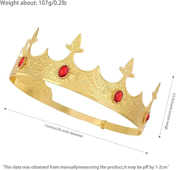 Vintage Gold Crown with Red Gemstones – Alloy Engraved King Queen Tiara for Wedding, Banquet, Stage, Cosplay, Diameter 18cm, Height 6.5cm, Weight 107g