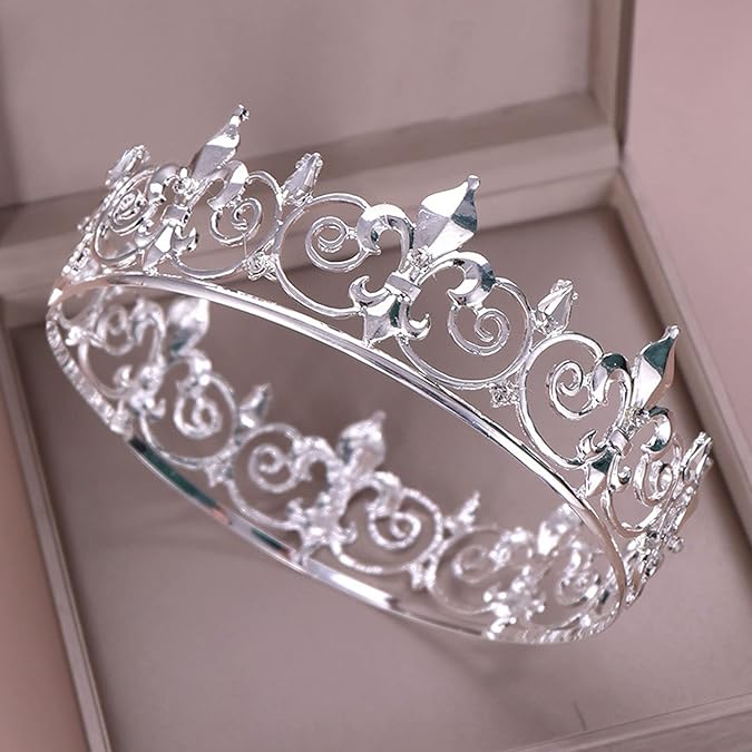 Vintage Silver Crown – Elegant Alloy Plated Tiara with Fleur-de-Lis Design for Wedding, Party, Pageant, and Stage