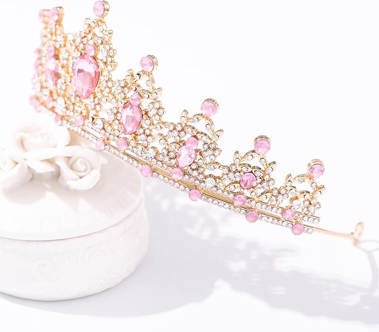 Luxury Pink Crystal Tiara Crown for Women – Elegant Hollow Alloy Bridal Princess Headpiece for Wedding, Birthday, Party, Prom and Stage Performance