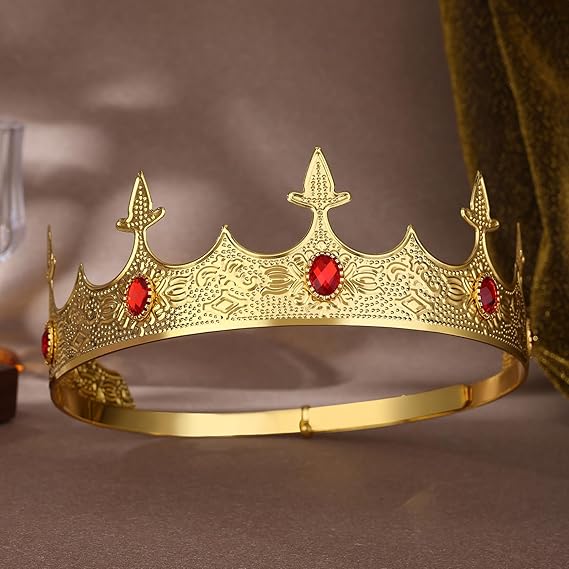 Vintage Gold Crown with Red Gemstones – Alloy Engraved King Queen Tiara for Wedding, Banquet, Stage, Cosplay, Diameter 18cm, Height 6.5cm, Weight 107g