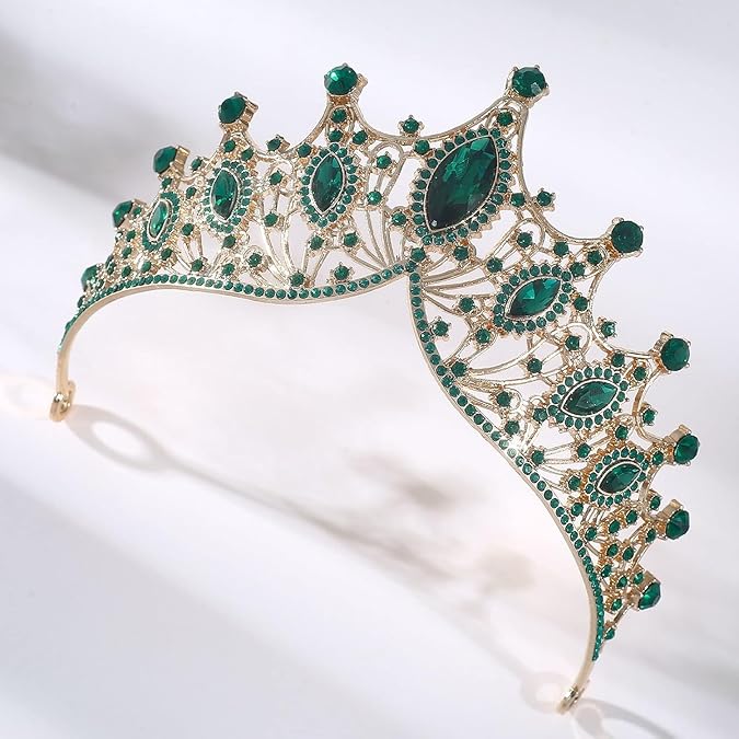 Luxury Green Crystal Tiara Crown for Women – Gold-Plated Rhinestone Queen Crown, Bridal Wedding Headpiece, Prom Pageant Party Hair Accessory