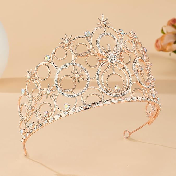 Rose Gold Starry Hollow Tiara – Luxury Crystal Rhinestone Crown, 9cm Tall, 16cm Wide, Bridal, Prom, Banquet & Stage Headpiece