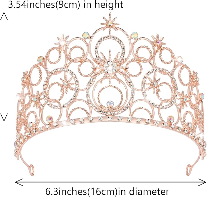 Rose Gold Starry Hollow Tiara – Luxury Crystal Rhinestone Crown, 9cm Tall, 16cm Wide, Bridal, Prom, Banquet & Stage Headpiece