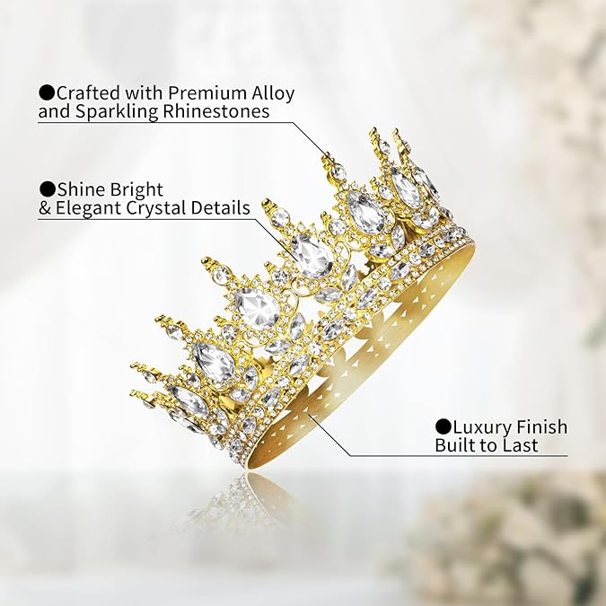Luxury Gold Crystal Tiara Crown for Women – Elegant Alloy Bridal Princess Headpiece with Rhinestones for Wedding, Party, Prom, and Stage
