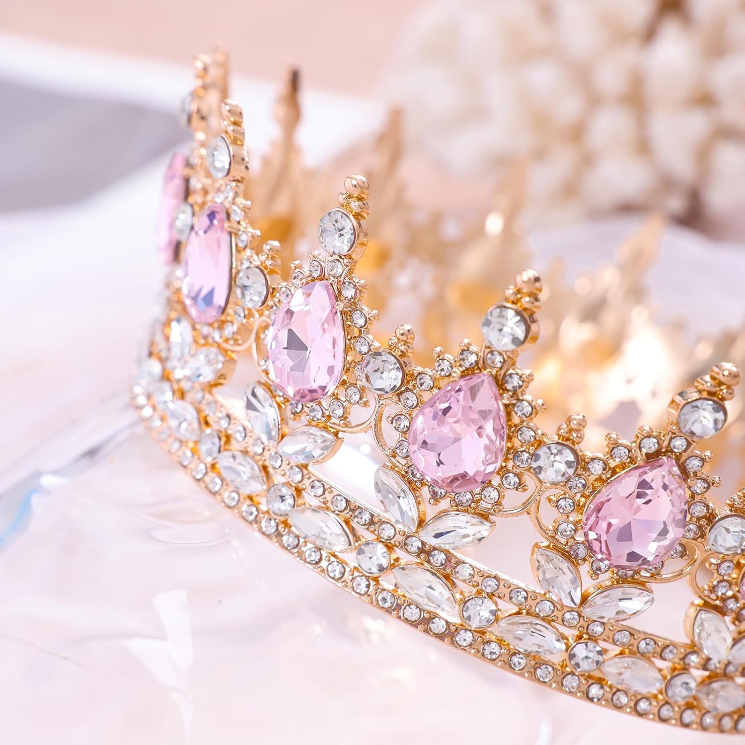 Luxury Pink Crystal Rhinestone Tiara Crown for Women – Bridal Wedding Headpiece, Princess Queen Crown, Prom Evening Party Hair Accessory
