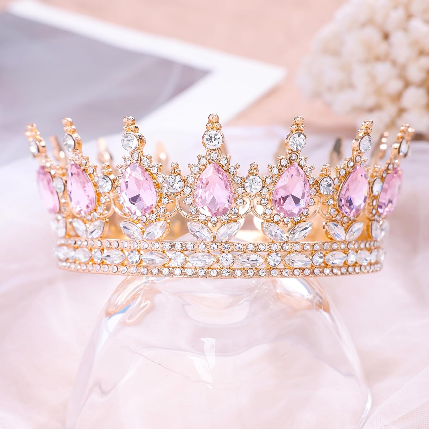 Luxury Pink Crystal Rhinestone Tiara Crown for Women – Bridal Wedding Headpiece, Princess Queen Crown, Prom Evening Party Hair Accessory