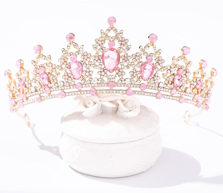 Luxury Pink Crystal Tiara Crown for Women – Elegant Hollow Alloy Bridal Princess Headpiece for Wedding, Birthday, Party, Prom and Stage Performance