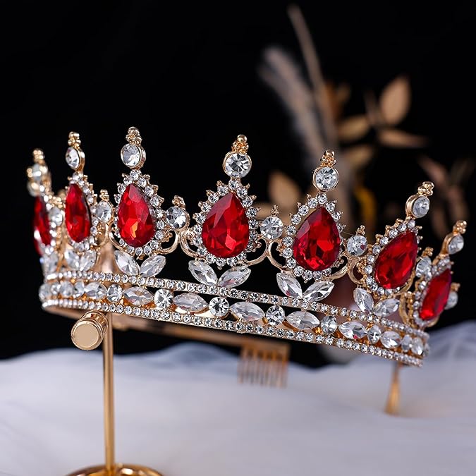Luxury Red Crystal Tiara – Vintage Gold Rhinestone Crown for Bride, Wedding, Party, Prom & Stage