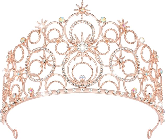 Rose Gold Starry Hollow Tiara – Luxury Crystal Rhinestone Crown, 9cm Tall, 16cm Wide, Bridal, Prom, Banquet & Stage Headpiece