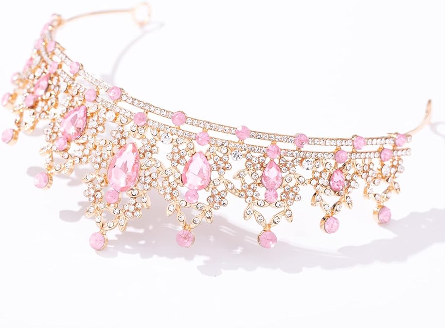 Luxury Pink Crystal Tiara Crown for Women – Elegant Hollow Alloy Bridal Princess Headpiece for Wedding, Birthday, Party, Prom and Stage Performance