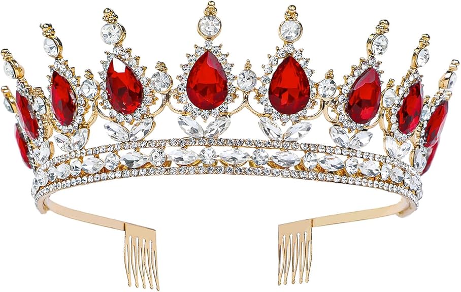Luxury Red Crystal Tiara – Vintage Gold Rhinestone Crown for Bride, Wedding, Party, Prom & Stage