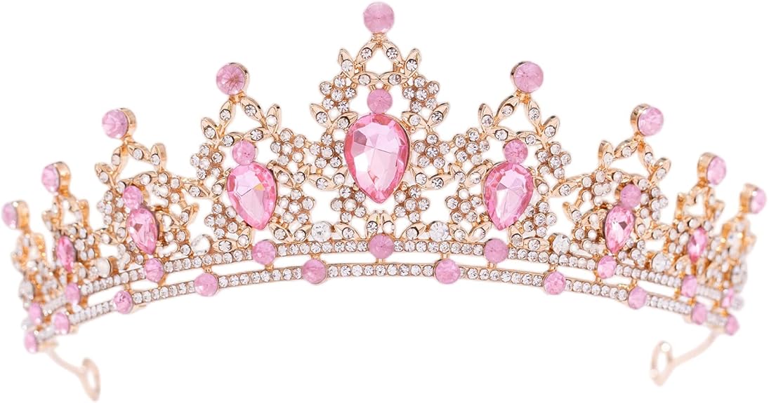 Luxury Pink Crystal Tiara Crown for Women – Elegant Hollow Alloy Bridal Princess Headpiece for Wedding, Birthday, Party, Prom and Stage Performance