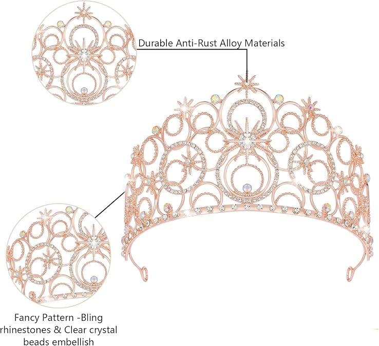 Rose Gold Starry Hollow Tiara – Luxury Crystal Rhinestone Crown, 9cm Tall, 16cm Wide, Bridal, Prom, Banquet & Stage Headpiece