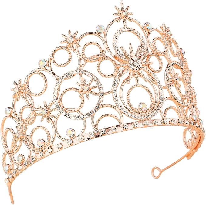 Rose Gold Starry Hollow Tiara – Luxury Crystal Rhinestone Crown, 9cm Tall, 16cm Wide, Bridal, Prom, Banquet & Stage Headpiece