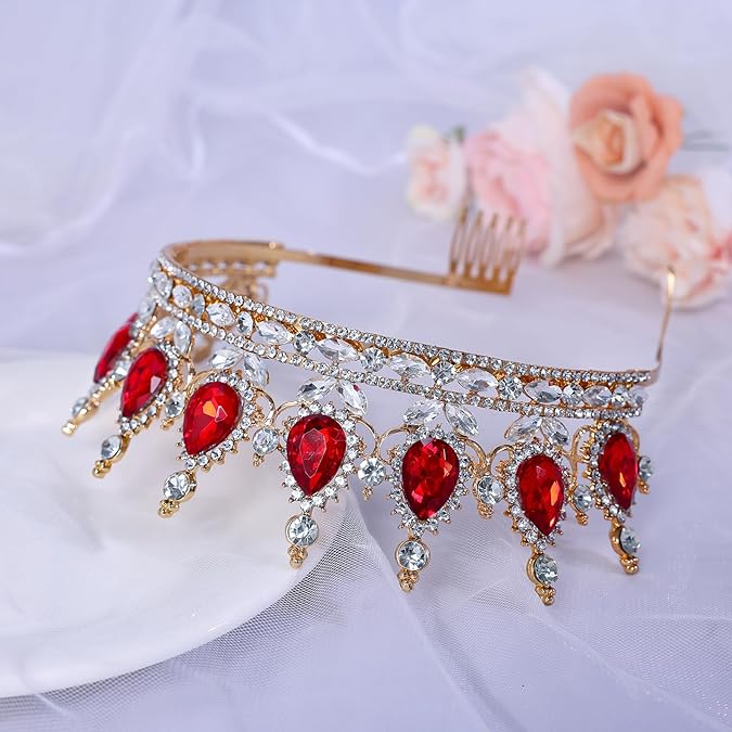 Luxury Red Crystal Tiara – Vintage Gold Rhinestone Crown for Bride, Wedding, Party, Prom & Stage