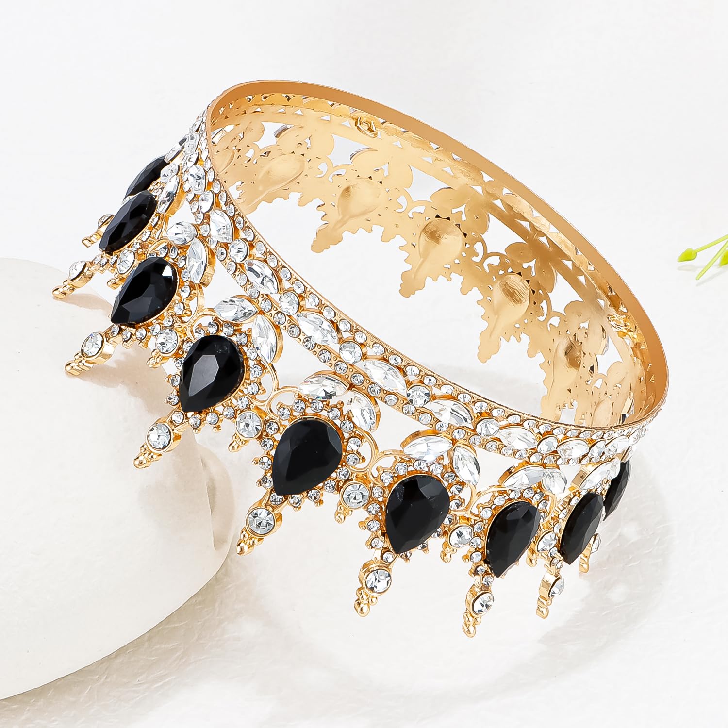 Vintage Black Crystal Tiara – Gold Alloy Rhinestone Crown for Bride, Party, Prom, Photography & Stage