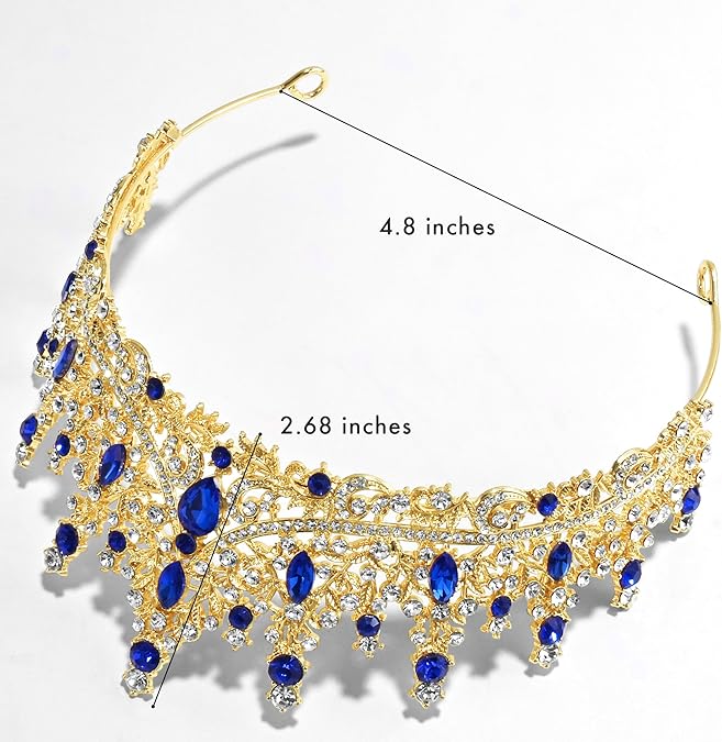 Luxury Blue Crystal Gold Crown – Royal Sapphire-Inspired Wedding Tiara for Bride, Party, and Stage