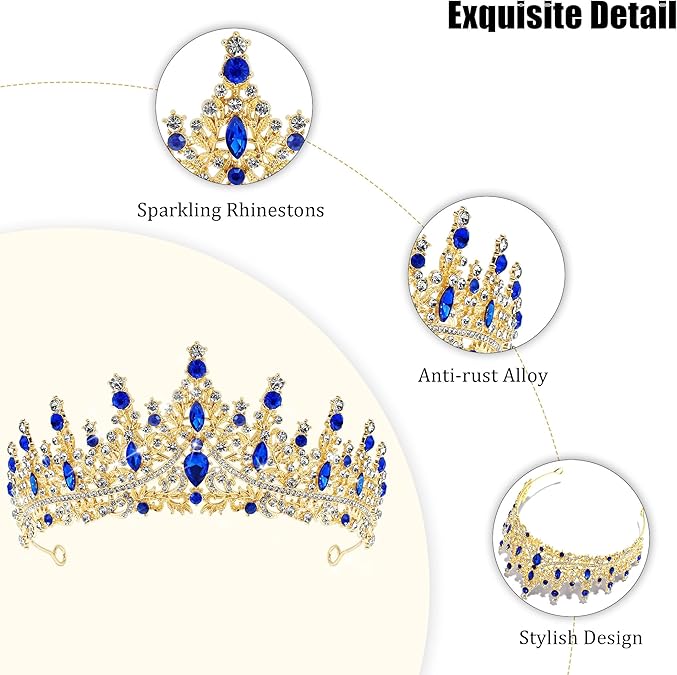 Luxury Blue Crystal Gold Crown – Royal Sapphire-Inspired Wedding Tiara for Bride, Party, and Stage