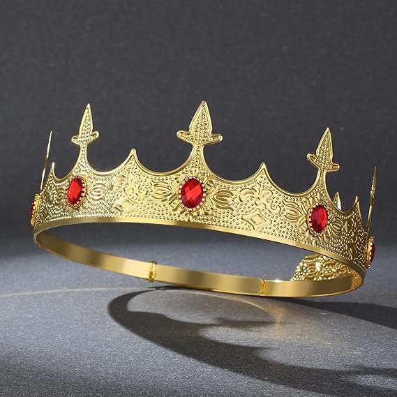 Vintage Gold Crown with Red Gemstones – Alloy Engraved King Queen Tiara for Wedding, Banquet, Stage, Cosplay, Diameter 18cm, Height 6.5cm, Weight 107g