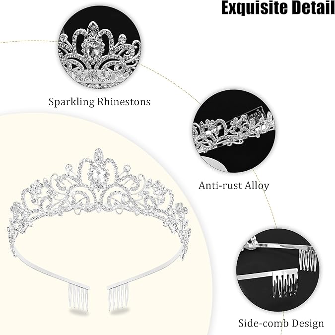 Luxury Silver Rhinestone Tiara Crown for Women – Bridal Prom Princess Headpiece with Anti-Rust Alloy and Side Comb Design