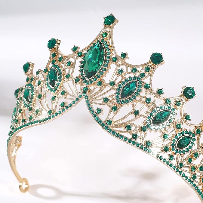 Luxury Green Crystal Tiara Crown for Women – Gold-Plated Rhinestone Queen Crown, Bridal Wedding Headpiece, Prom Pageant Party Hair Accessory