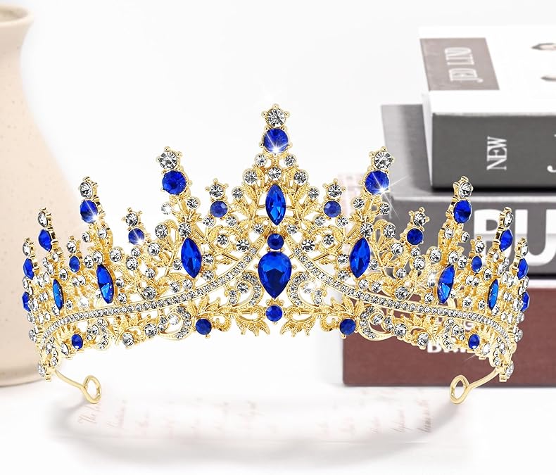 Luxury Blue Crystal Gold Crown – Royal Sapphire-Inspired Wedding Tiara for Bride, Party, and Stage