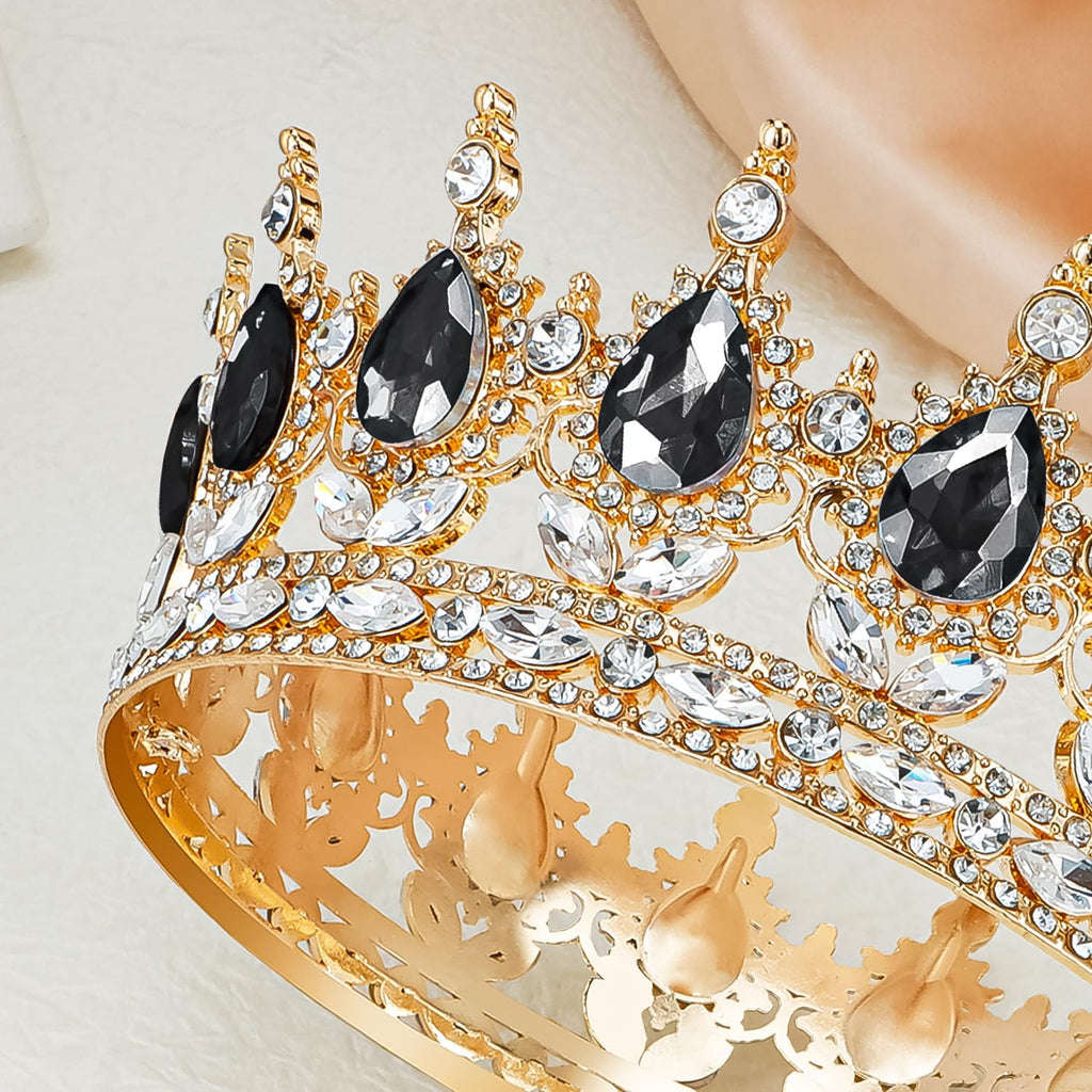 Vintage Black Crystal Tiara – Gold Alloy Rhinestone Crown for Bride, Party, Prom, Photography & Stage