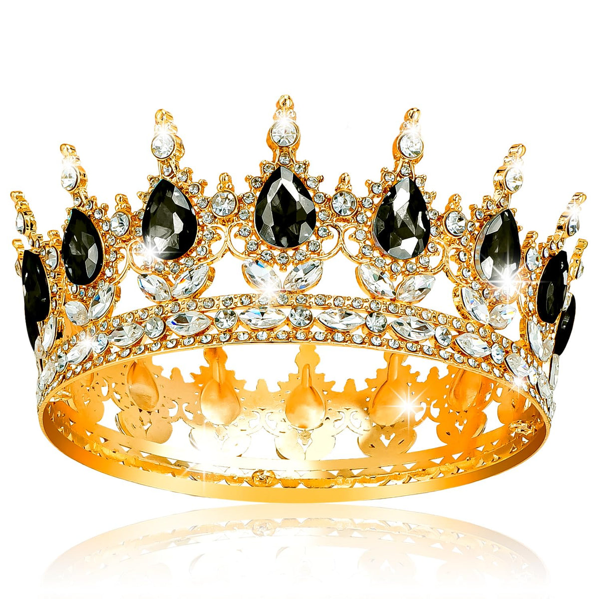 Vintage Black Crystal Tiara – Gold Alloy Rhinestone Crown for Bride, Party, Prom, Photography & Stage