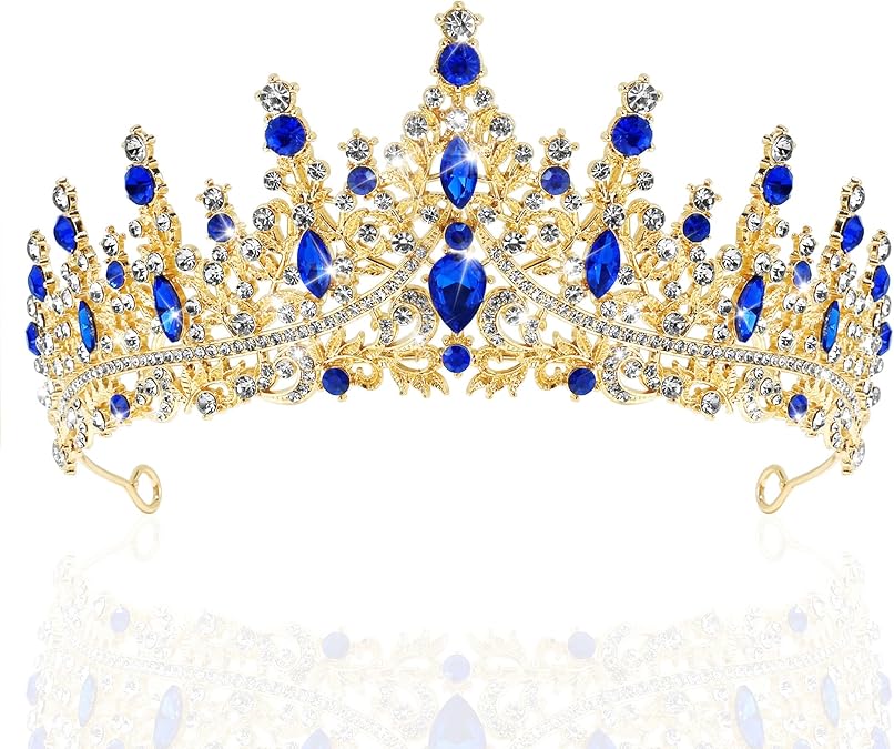 Luxury Blue Crystal Gold Crown – Royal Sapphire-Inspired Wedding Tiara for Bride, Party, and Stage